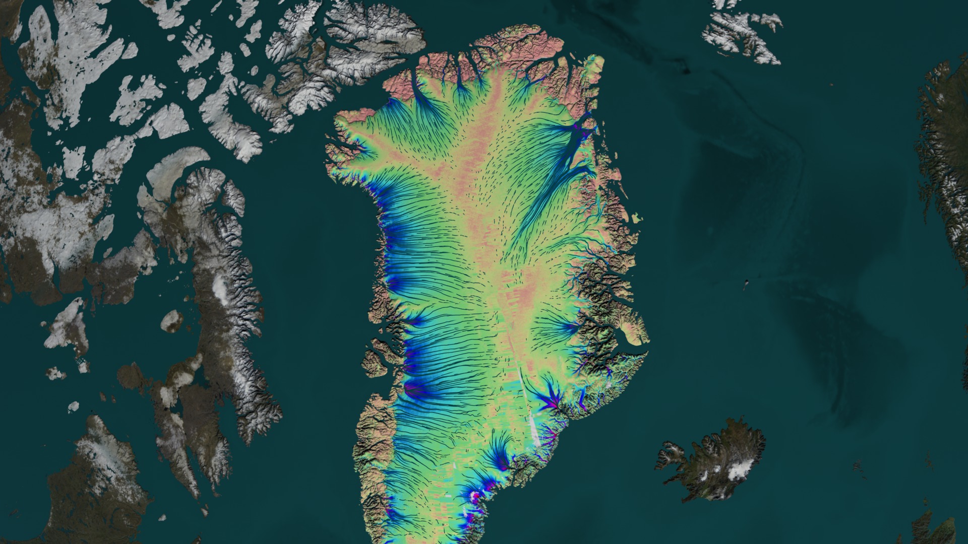 This animation shows how ice is naturally transported from interior topographic divides to the coast via glaciers. The colors represent the speed of ice flow, with areas in red and purple flowing the fastest at rates of kilometers per year. The vectors indicate the direction of flow.