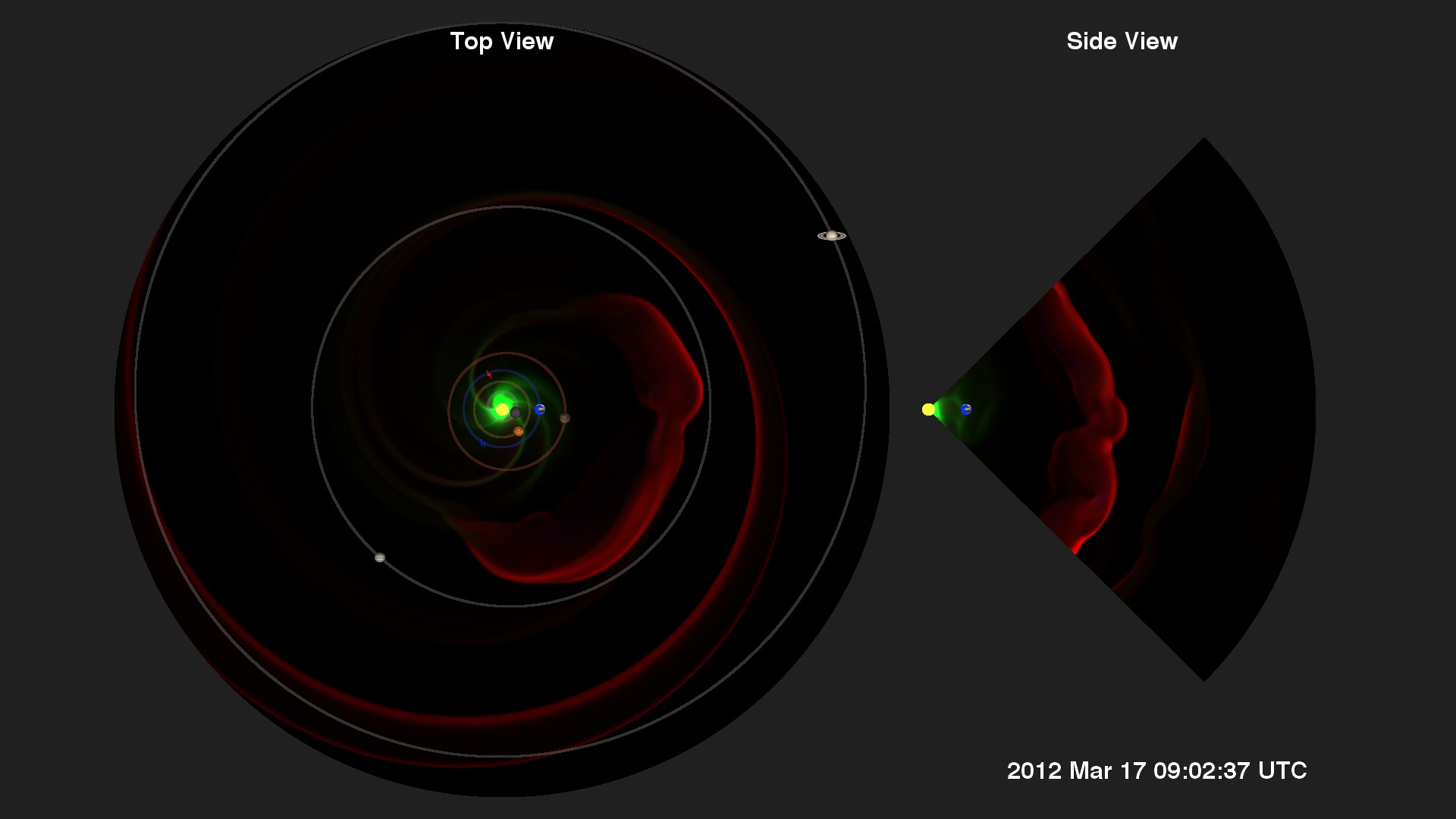 Enlil model for the March 2012 coronal mass ejection, plotted out to ten astronomical units (beyond the orbit of Saturn).  The top view slices the data in the plane of the Earth's orbit and projects the planetary orbits onto that.  The side view is a cross-section through the Sun-Earth line.  The wedge-shape of the side view is because the Enlil model only extends above and below the solar equator by 60 degrees.