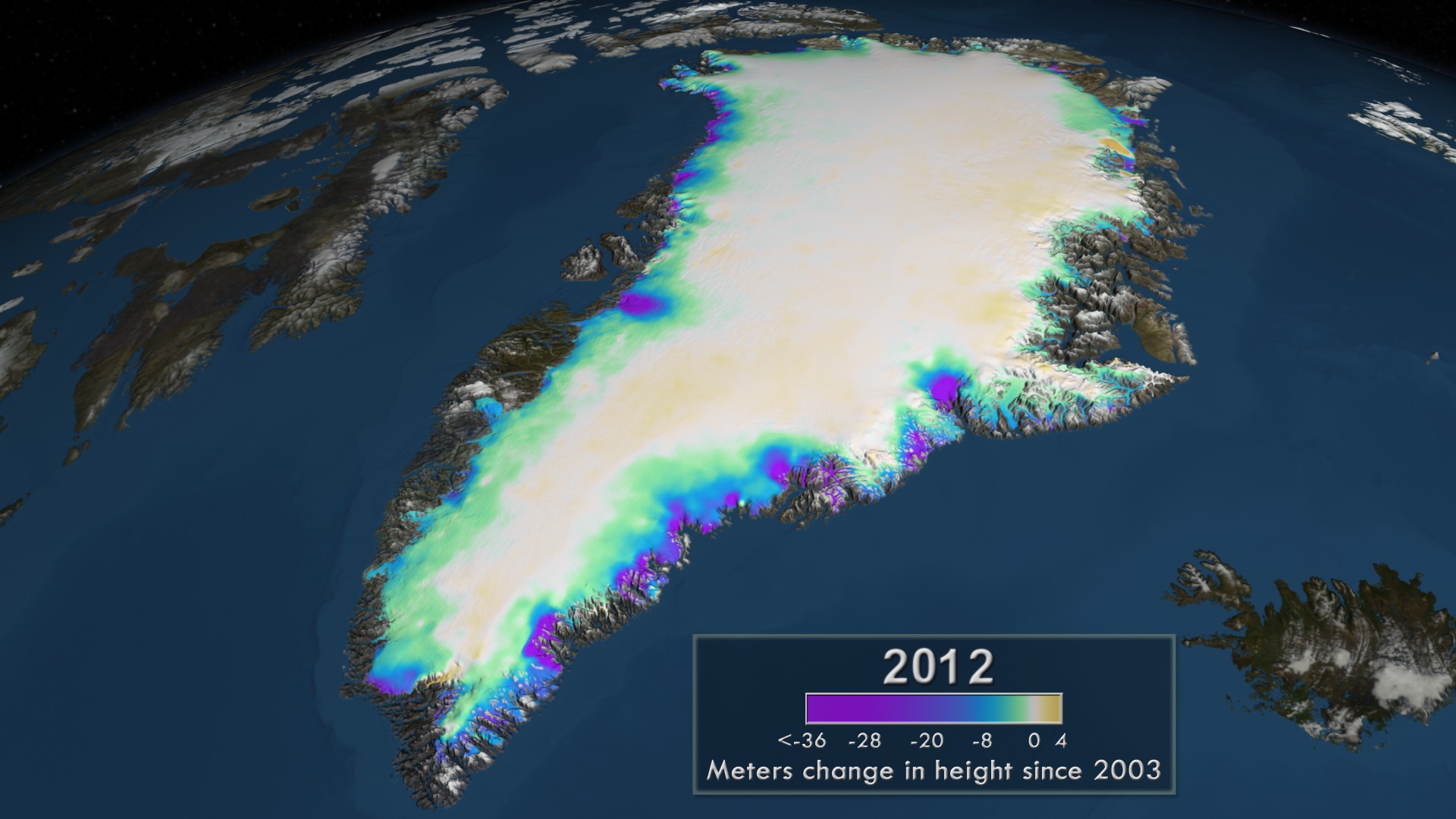 This narrated animation shows the accumulated change in the elevation of the Greenland ice sheet between 2003 and 2012.  This version has the full list of scrolling credits at the end of the animation.If needed, a complete transcript is available.