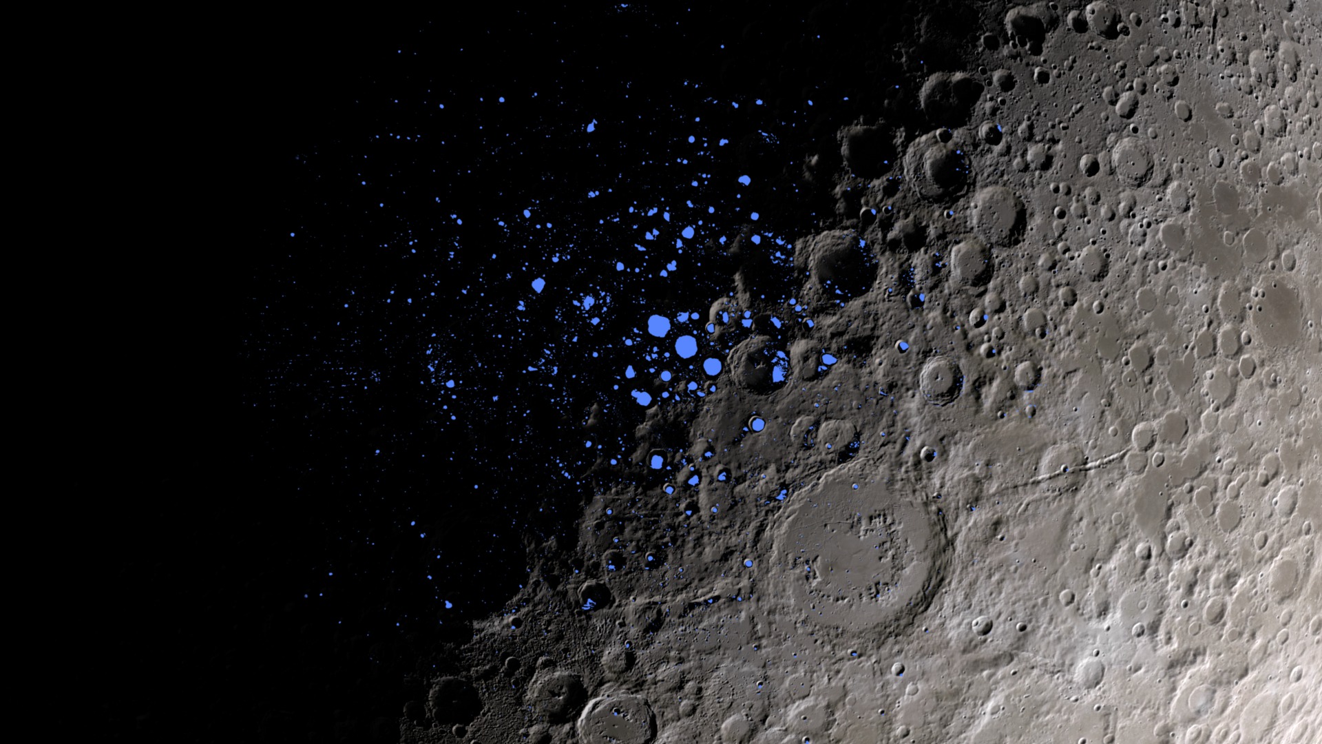 Beginning with a full-frame Moon, the camera flies to the lunar south pole and shows areas of permanent shadow. Realistic shadows evolve through several months.