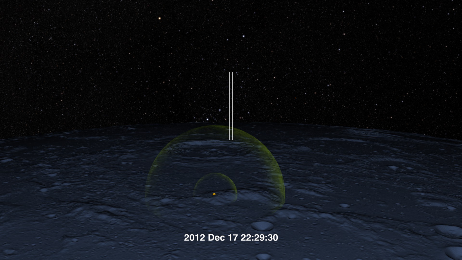 LRO flies over the north pole of the Moon, where it has a very good view of the GRAIL impact. The second part is the view from LRO through LAMP's slit, showing the impact and the resulting plume. The orbits, impact locations, terrain, LAMP field of view, and starfield are accurately rendered.