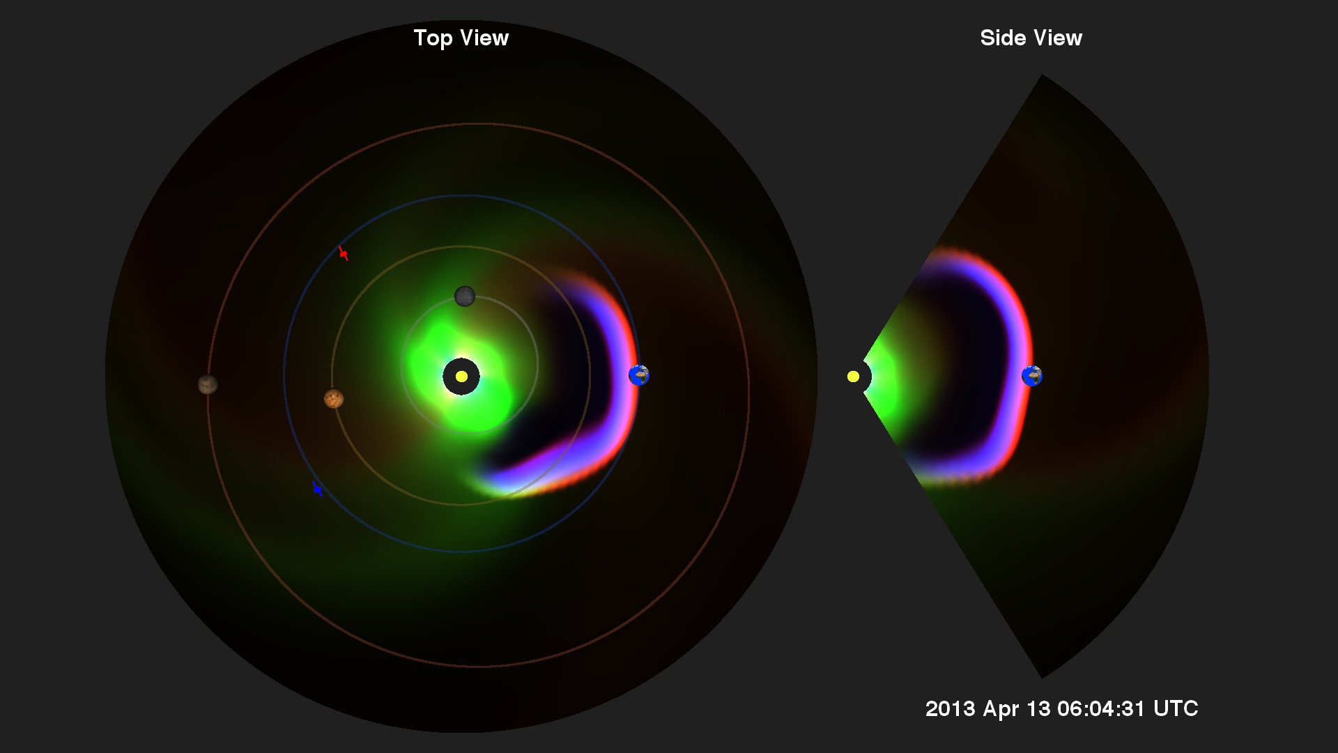 Visualization generated from the CCMC Enlil model showing the projected propagation of the CME from the Sun to Earth. 