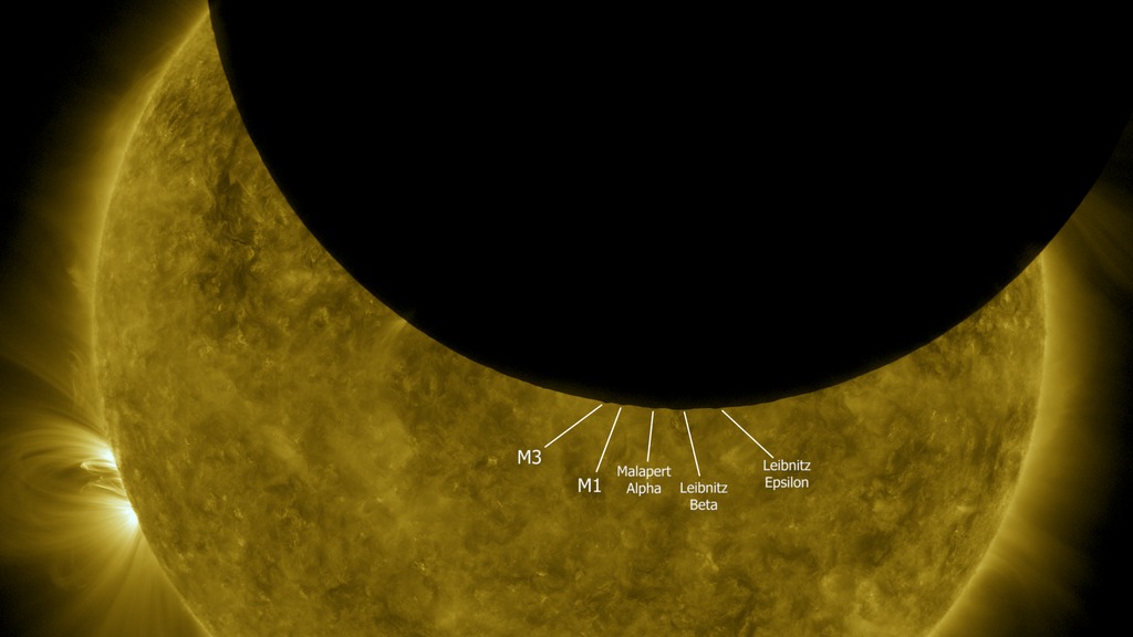 The southern limb of the Moon transits across the Sun in this sequence of images from Solar Dynamics Observatory on October 7, 2010. Five peaks near the lunar south pole, visible in silhouette, are identified. A visualization of the Moon using Lunar Reconnaissance Orbiter data is precisely aligned with the SDO image, then rotated to show these five peaks on a false-color global elevation map.This video is also available on our YouTube channel.