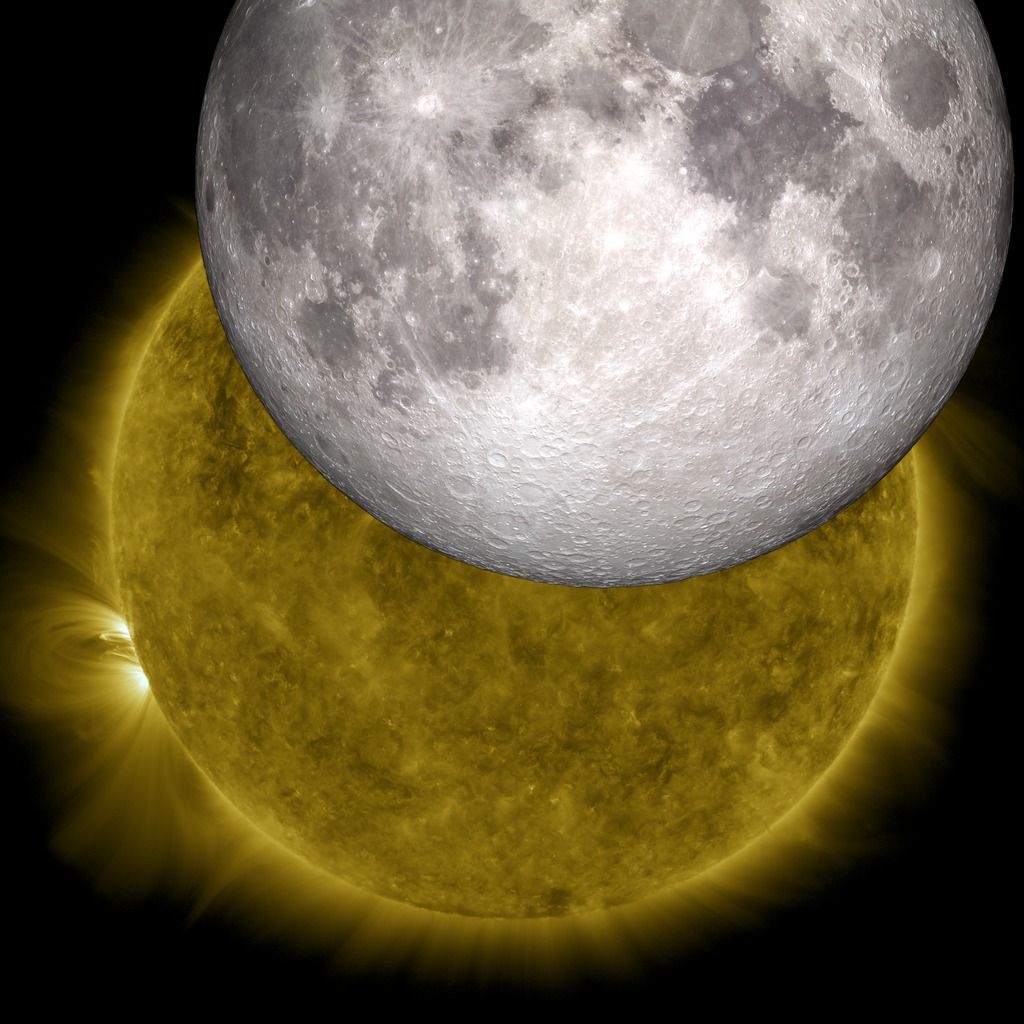 A composite of the SDO image and the Moon visualization showing the excellent correspondence between the two along the Moon's silhouette edge.
