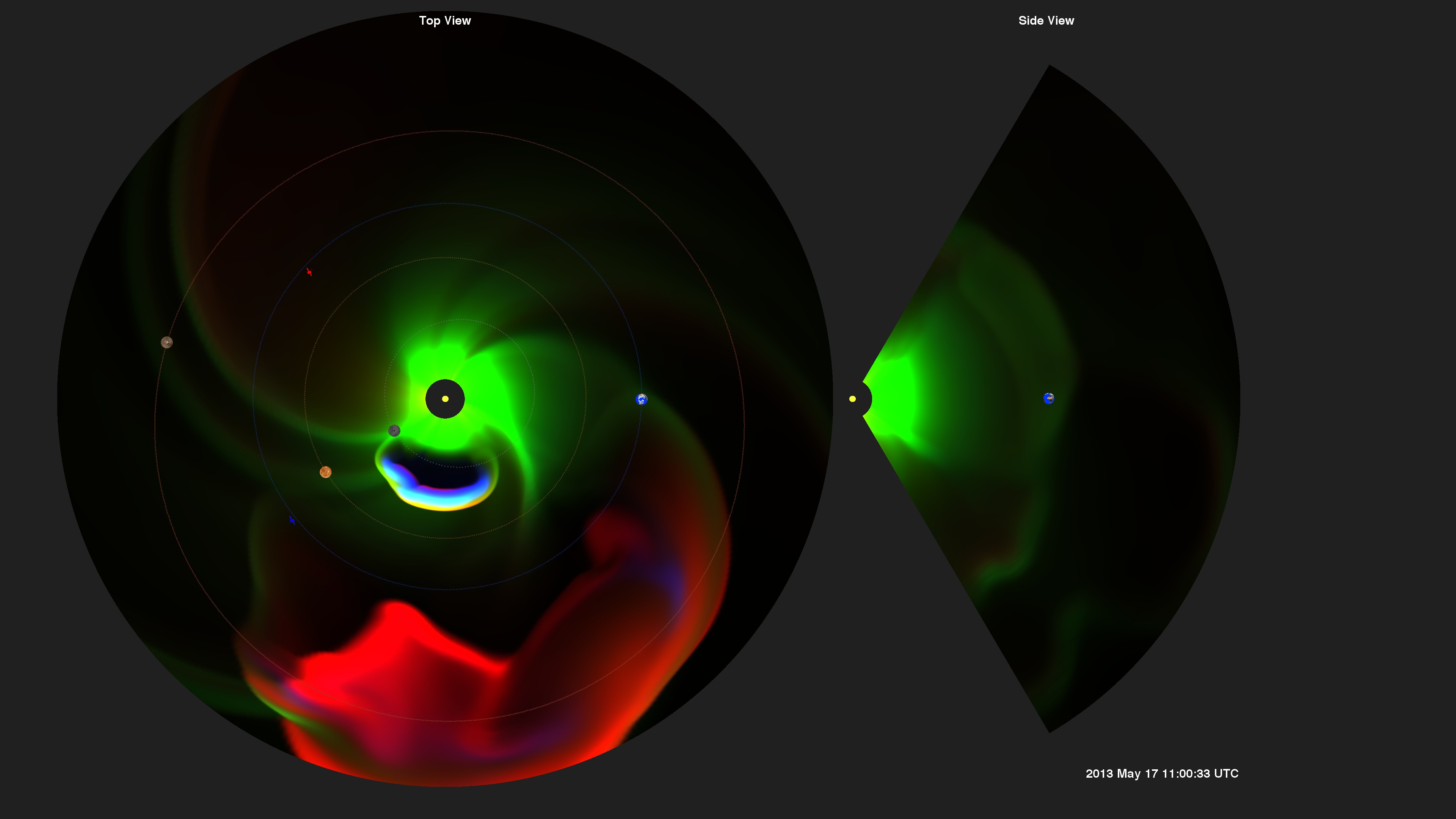 Inner heliosphere view (to orbit of Mars) of launching of five coronal mass ejections (CMEs).  Time samples of the model are three hours apart.