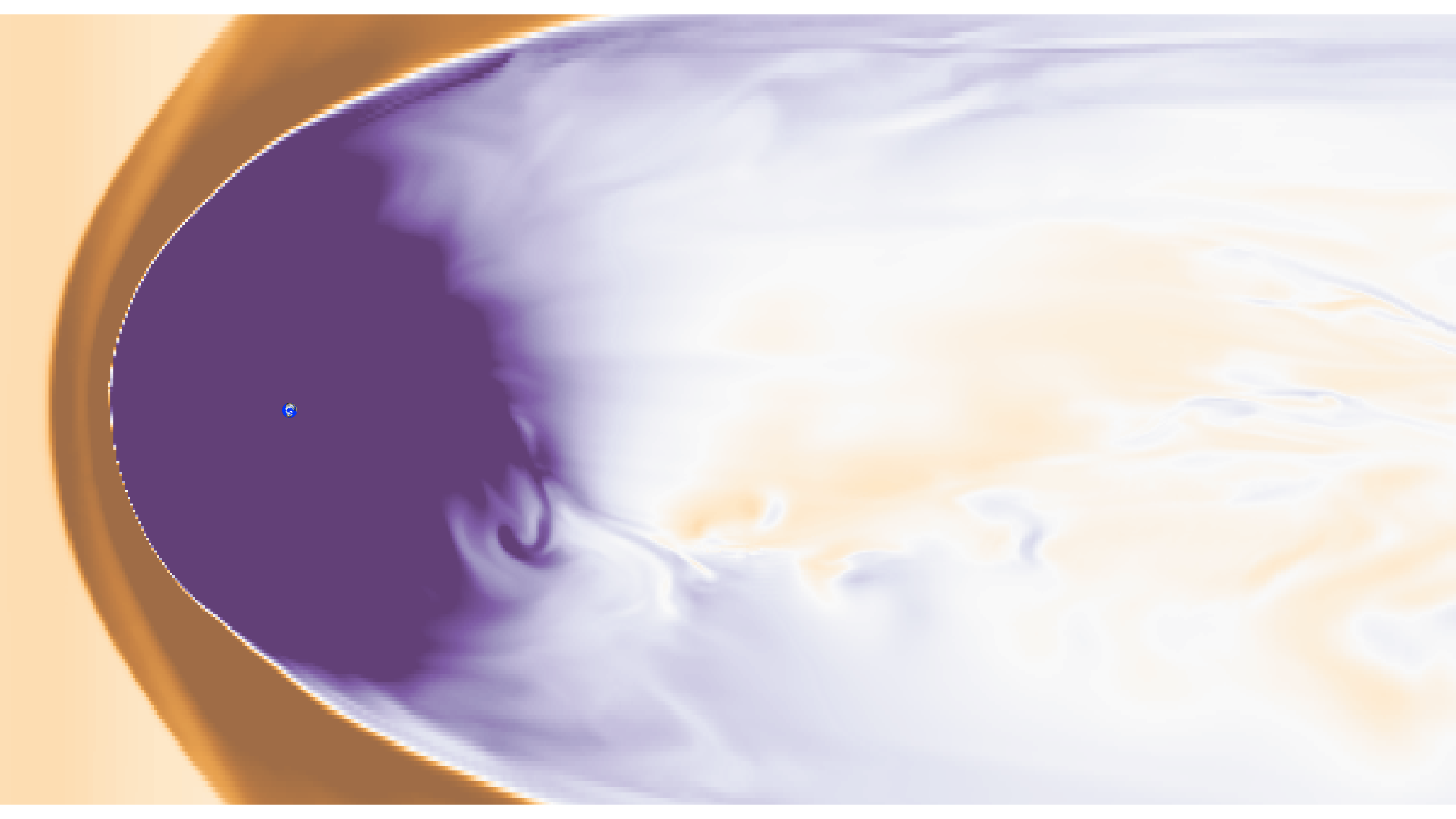 Magnetic field in x-y plane (approximately Earth equatorial plane) but pointed in the z-direction.  Purple has the field pointed towards the camera, orange has the field pointed away from the camera.  The solar wind approaches Earth (blue dot) from the left.  The magnetotail extends to the right.