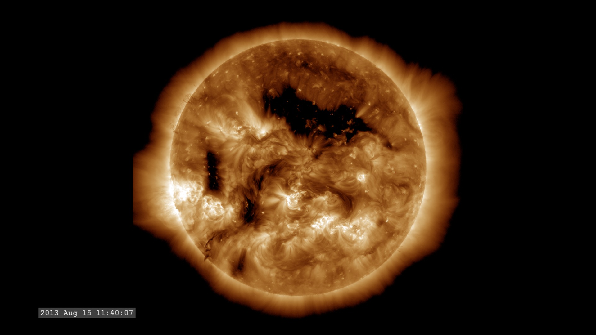 This visualization shows the coronal hole over the course of 24 hours, sampled about once per minute.