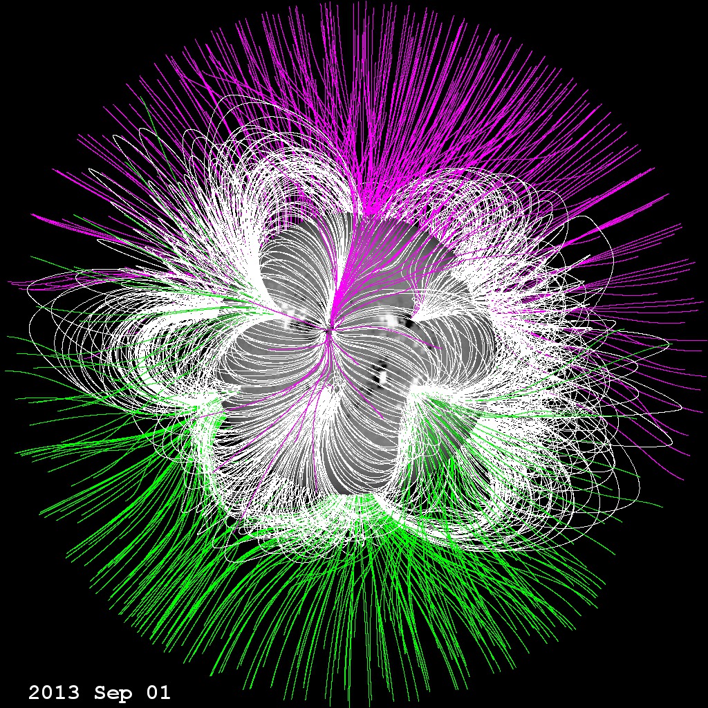 Evolution of the solar magnetic field from 1997 to 2013.  Version with time-stamp written in the image file.