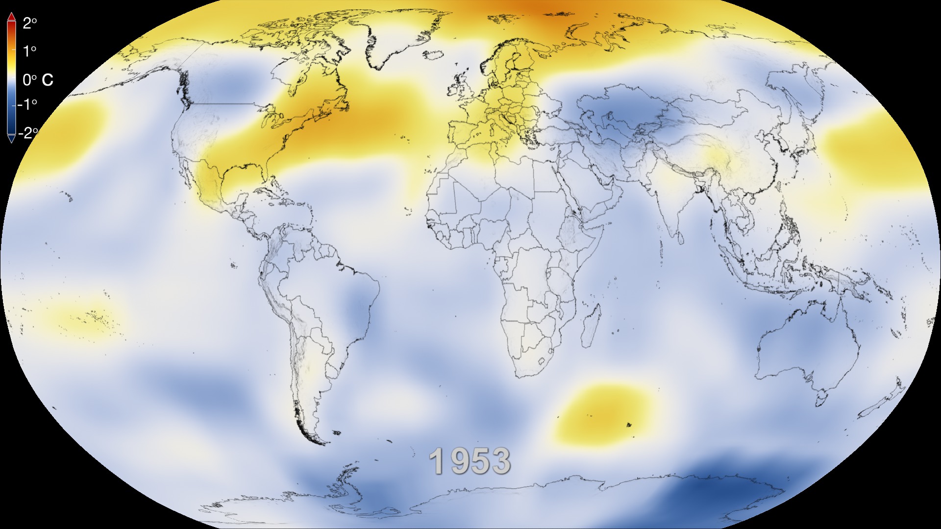 This color-coded map in Robinson projection displays a progression of changing global surface temperatures anomalies from 1880 through 2013. Higher than normal temperatures are shown in red and lower then normal temperatures are shown in blue.The final frame represents global temperature anomalies averaged from 2009 through 2013. 