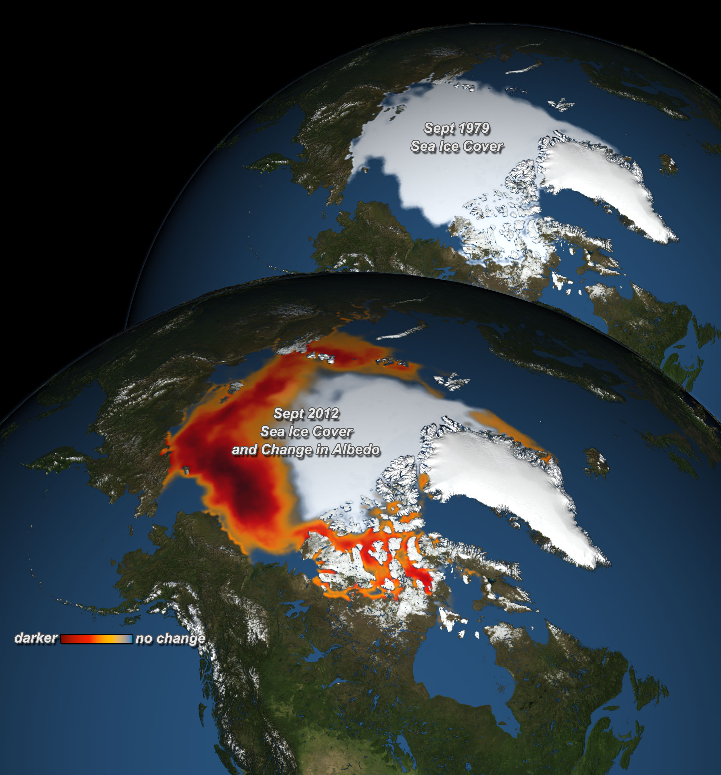 Print resolution still:  top globe shows 1979 September sea ice cover; bottom globe shows 2012 September sea ice cover with albedo change overlaid using a red color bar.  Versions are provided with and without labels.