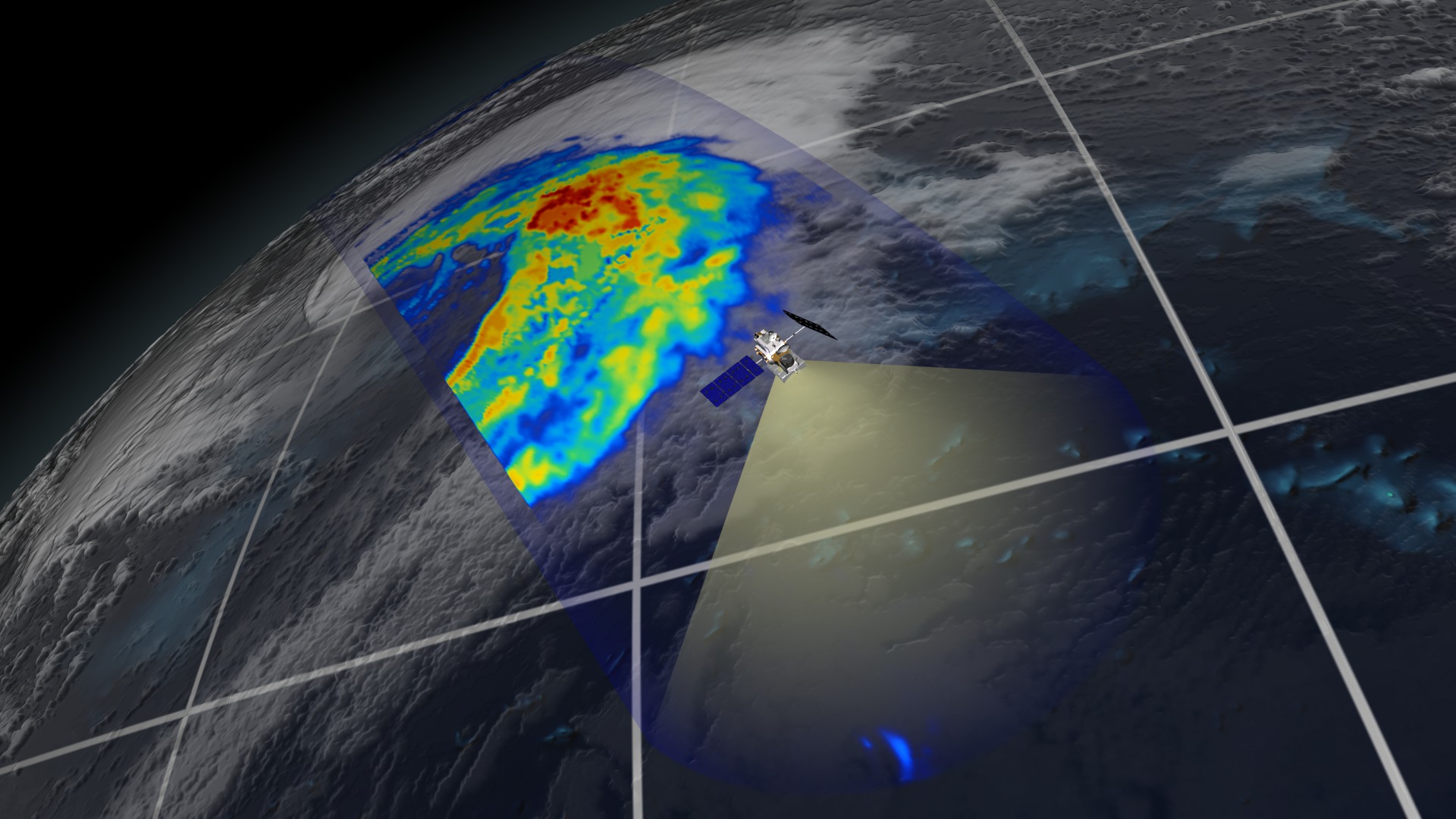 This animation rides along with the satellite revealing rain rates (in a rainbow colormap, where blue is low, and dark red is high) as the satellite goes through one orbit.