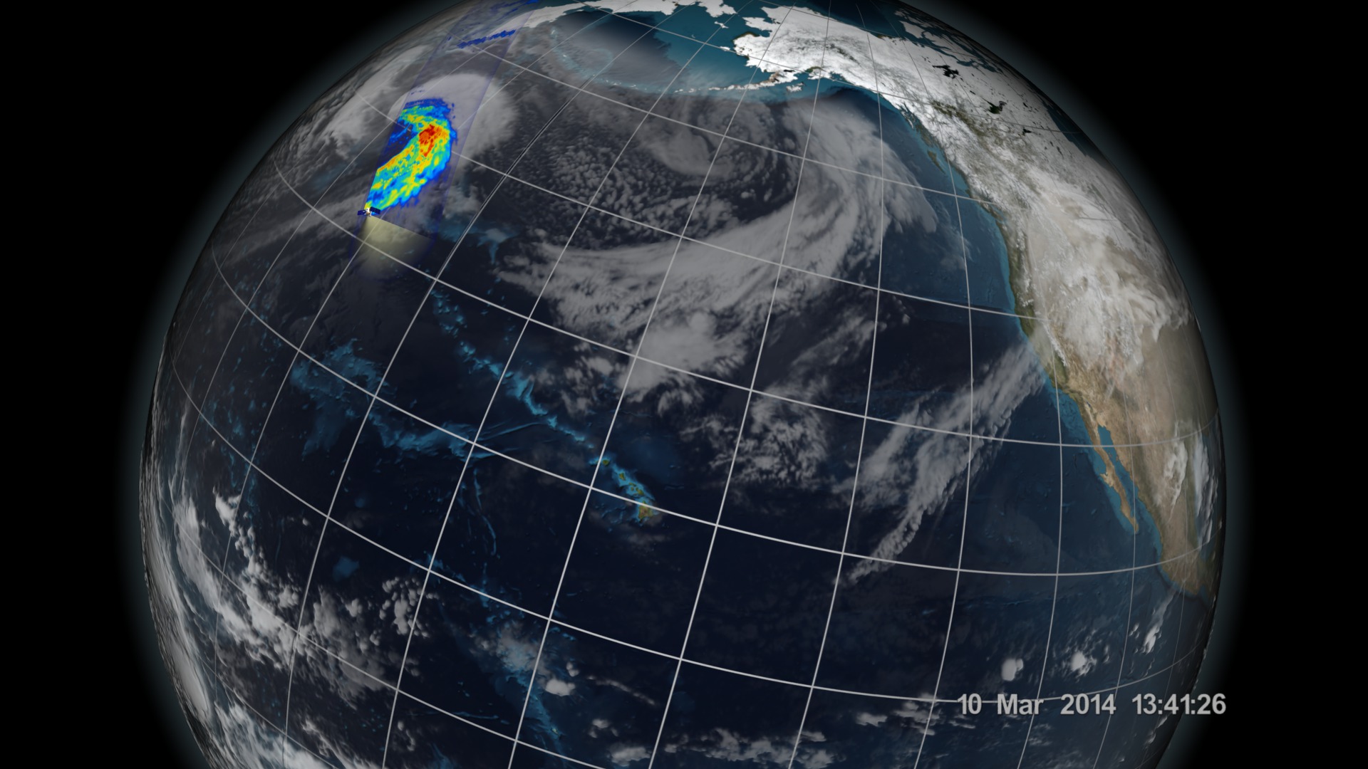 This animation shows GPM collecting some of it's very first data on March 10th over a Pacific storm east of Japan. The animation begins with GPM collecting 37 GHz horizontally polarized brightness temperature data over the storm (in shades of aquamarine).  All of GPM's 13 bands are then spread out to reveal the entire range of brightness temperature data. This data then collapses into rain rates for this storm, which are colored in a rainbow spectrum going from blue (low values) to dark red (high values). As the camera pulls out, GPM continues traversing the globe showing rain rates for the remainder of the swath.