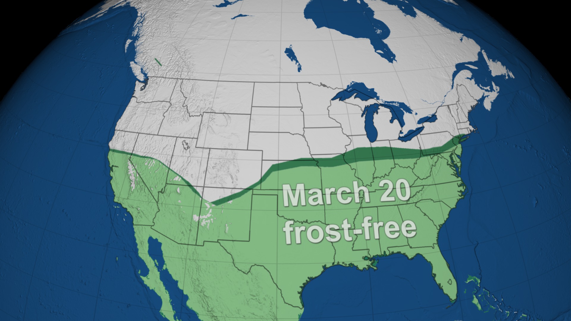 March 20 frost-free regions over North America.  Light green is the 1950-1952 average, darker green is the additional area for the 2009-2011 average.This video is also available on our YouTube channel.
