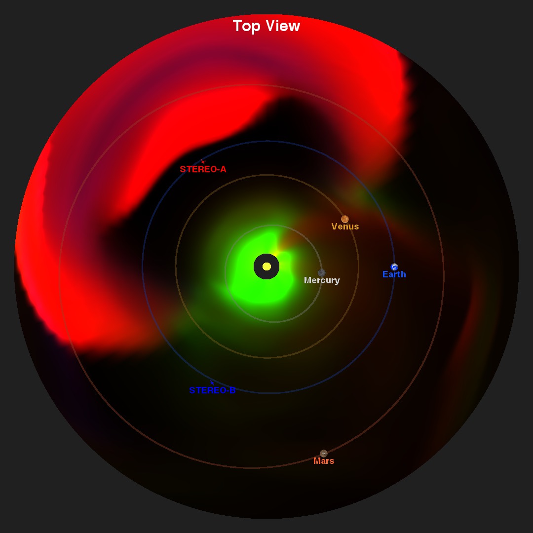 Enlil model run of the July 23, 2012 CME and events leading up to it.  This movie provides a better view of the inner solar system for the CME event.  The density color table has been altered accordingly.  This view is a 'top-down' view in the plane of Earth's orbit.