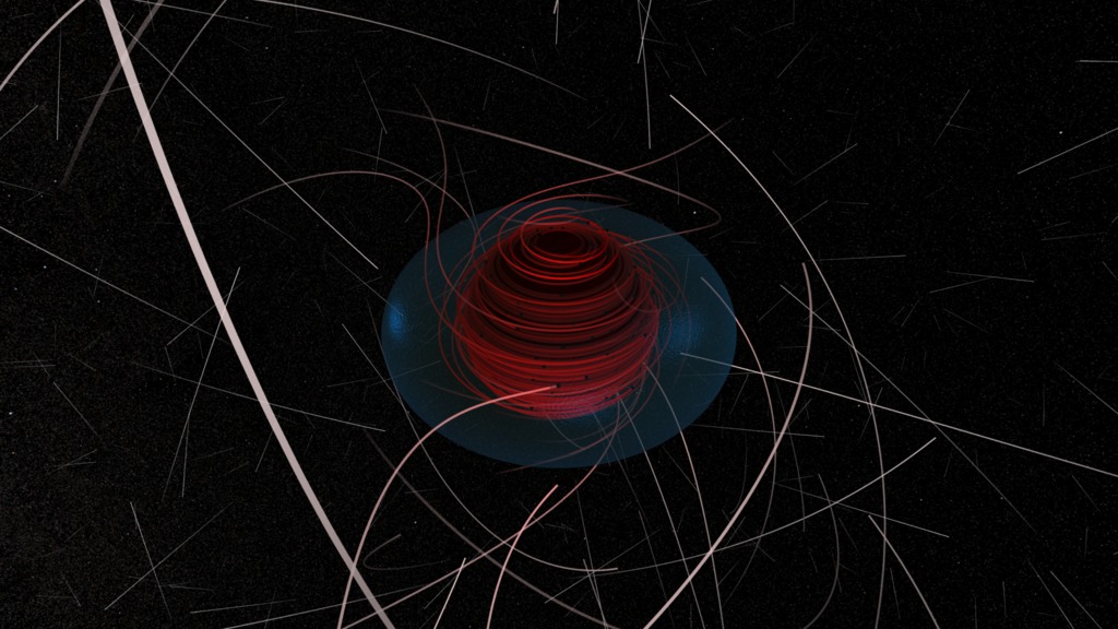 Oblique view of dark matter particles collecting around the black hole.  This provides a better view of some of the more complex trajectories near the spin axis.