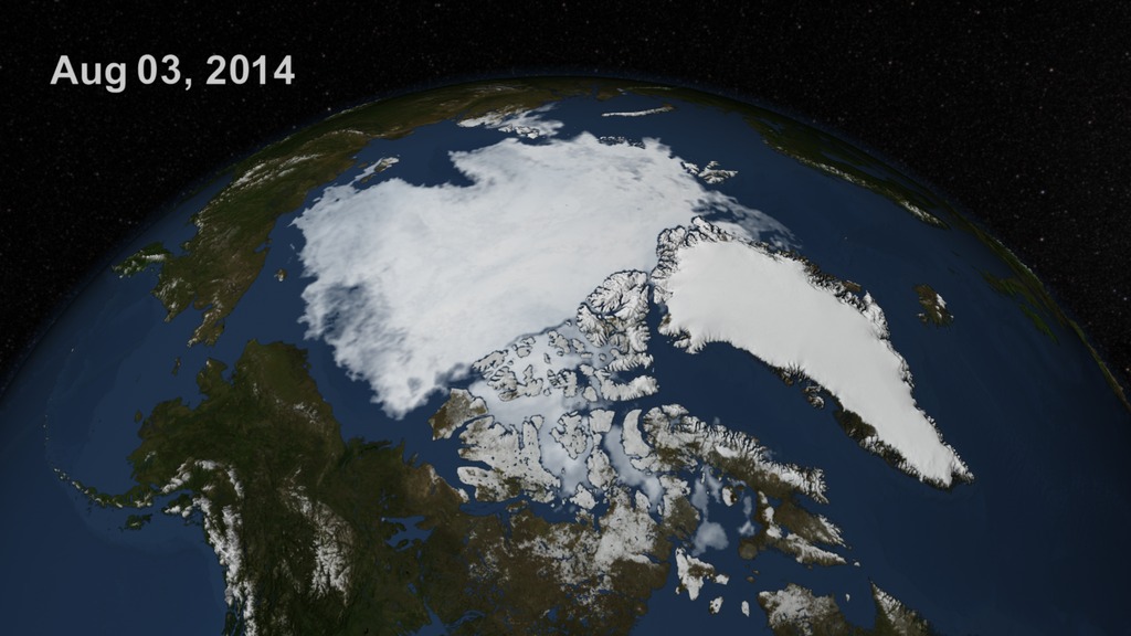 In this animation, the Earth rotates slowly as the Arctic sea ice advances over time from March 21, 2014 to August 3, 2014.