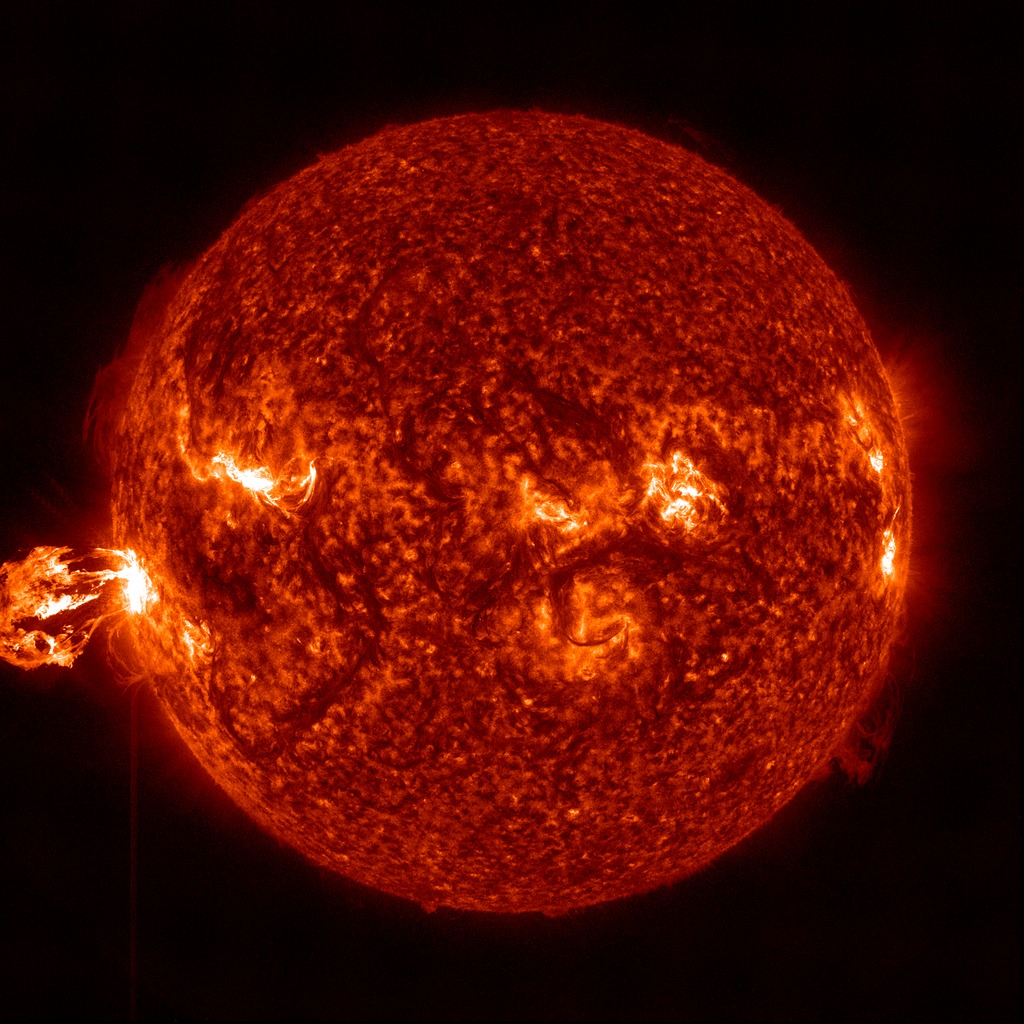 The flare at ejected CME launches from the western limb of the Sun (lower left of image) in this sequence from the SDO/AIA 304 angstrom filter.  Full resolution 4Kx4K frames.
