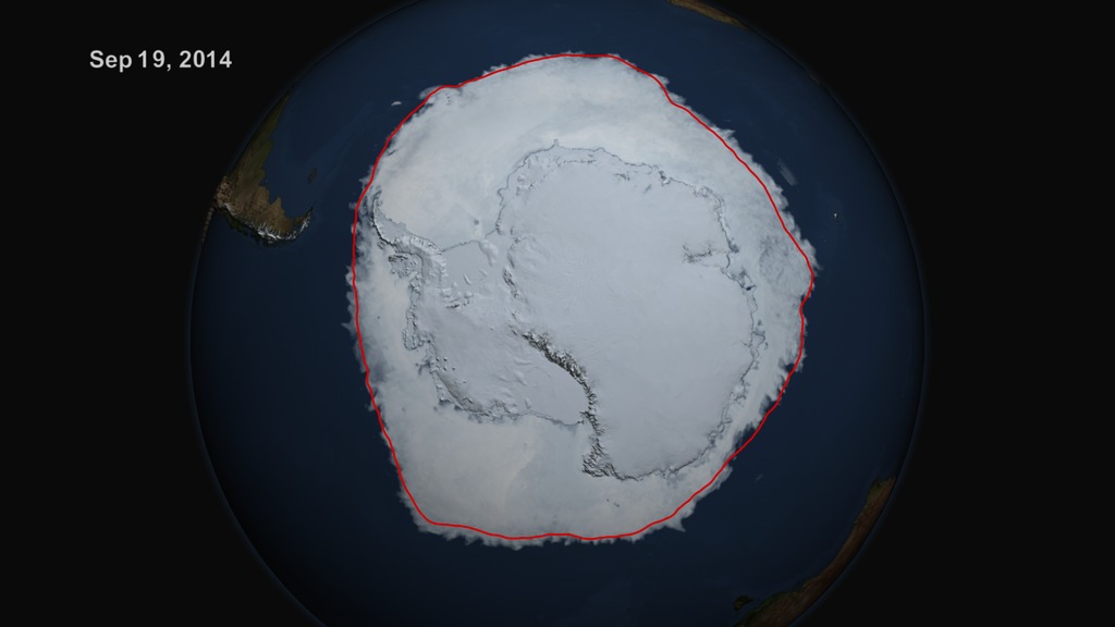 An animation of the Antarctic sea ice between March 21 and September 19, 2014 when the sea ice reached its maximum extent.  The red extent line shows the average of the annual maximum extents from 1979 through 2014.  This animation displays the daily dates.