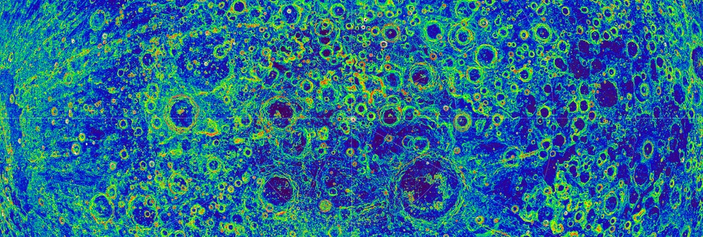 Part of the LOLA slope map of the Moon centered on the south pole. The prime meridian (0&deg; longitude) is up.