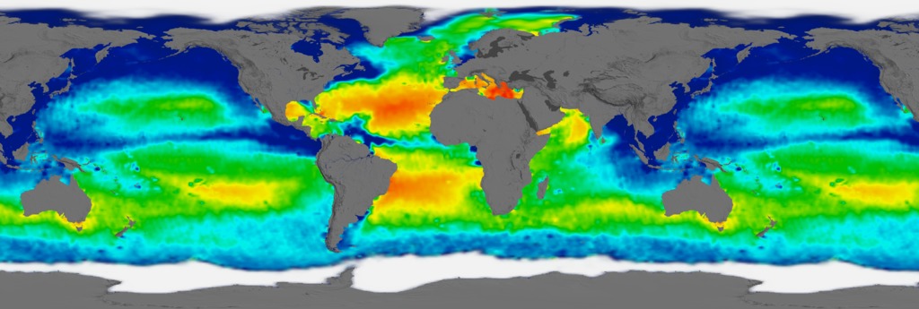 Rectangular flat map projection (Atlantic-centered) with grid lines showing Sea Surface Salinity measurements taken by Aquarius between September 2011 and September 2014.