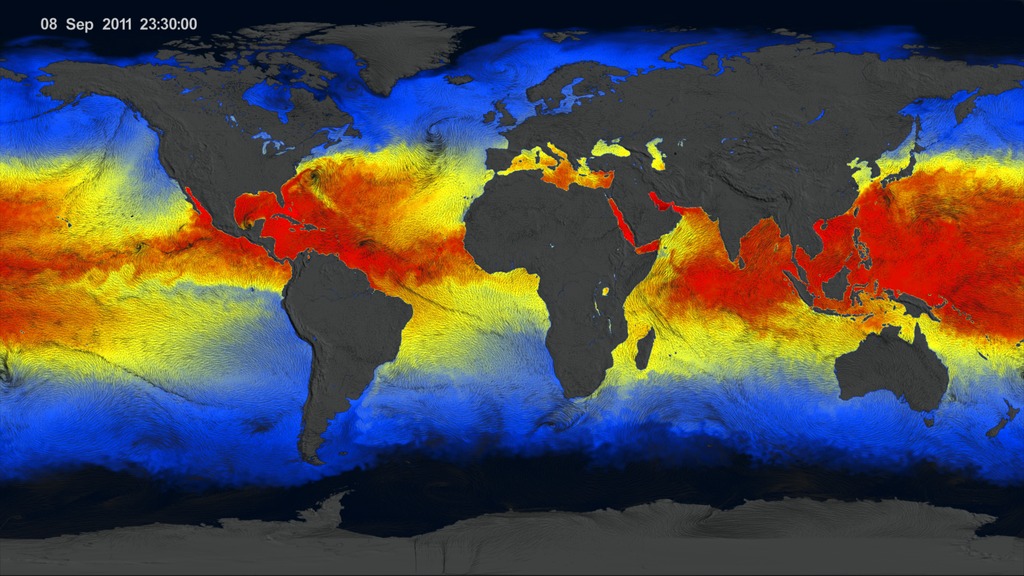 Global surface wind vector flow lines over sea surface temperature from June 1, 2011 to October 31, 2011.