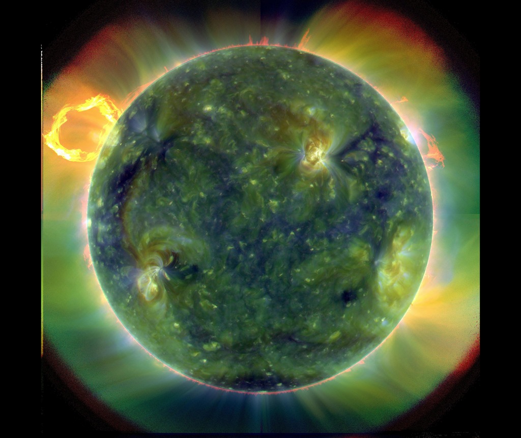 This image shows multiple bands from the SDO Atmospheric Imaging Assembly (AIA).