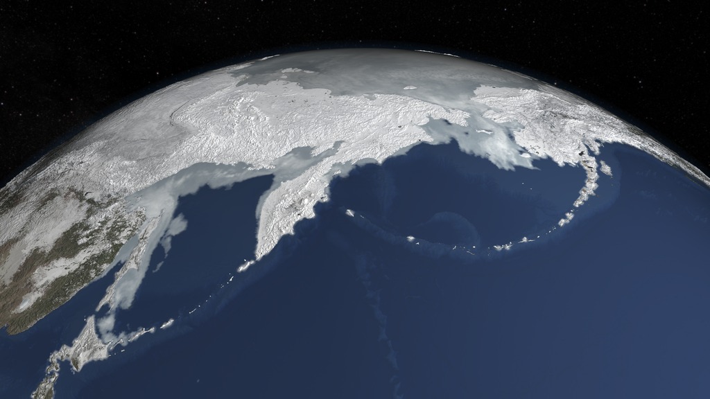 An image of the 2015 Arctic maximum sea ice on February 25, 2015.