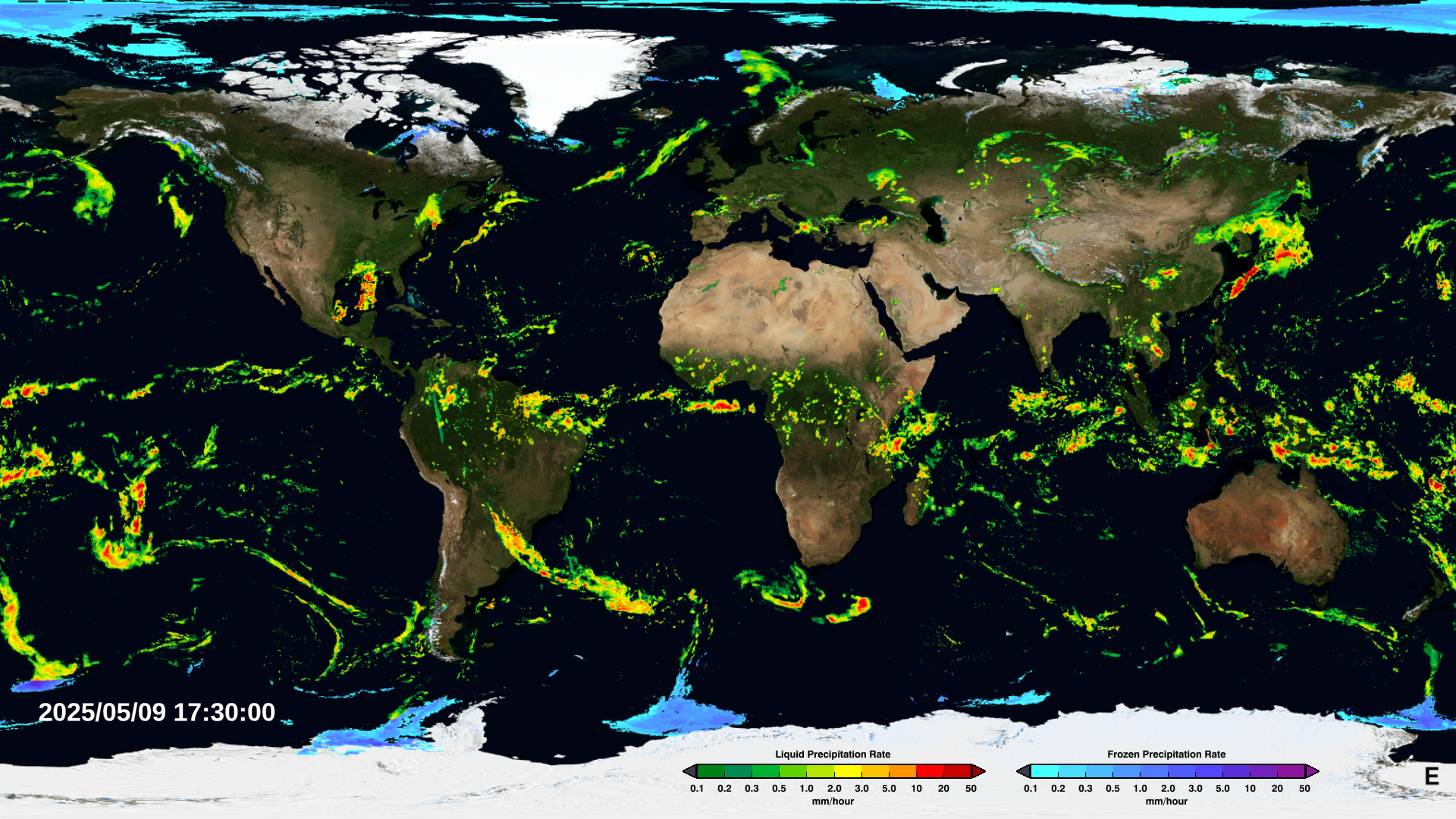 Latest half-hourly IMERG Early Run map of global precipitation