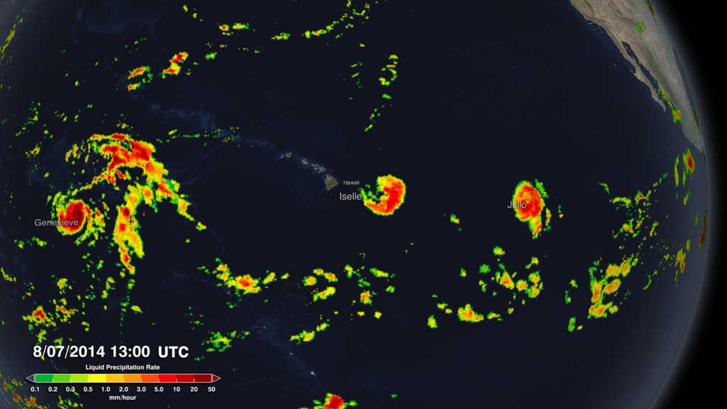 Animation of precipitation rates as three Hurricanes (Genevieve, Iselle, and Julio) threaten the Hawaiian Islands, eventually making landfall.