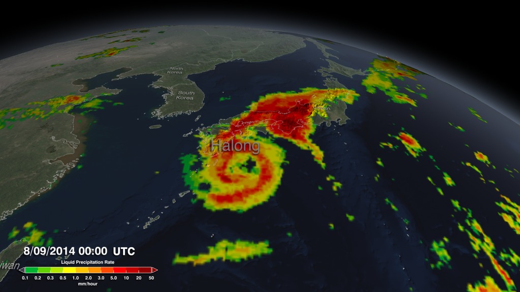 Animation showing precipitation rates resulting from Cyclone Halong as it makes landfall over Japan.