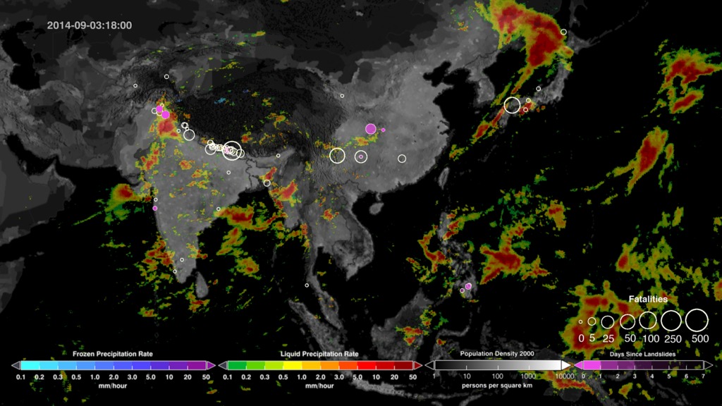This visualization shows rainfall-triggered landslides and  precipitation from August and September of 2014 in Asia and  the Himalayan Arc.