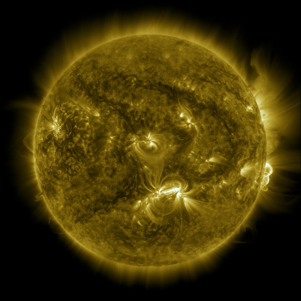 The Sun in the AIA 171 angstrom filter.  Note the coronal loop structures on the lower right limb.