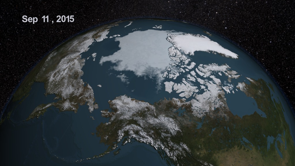 In this animation, the Earth rotates slowly as the Arctic sea ice advances over time from February 25, 2015 to September 11, 2015, when the sea ice reached its annual minimum extent.