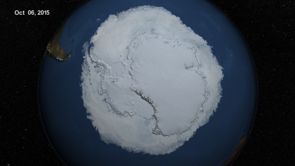Above is an image of the Antarctic sea ice on October 6, 2015, the day on which it reached its annual maximum extent.  The date is also displayed.
