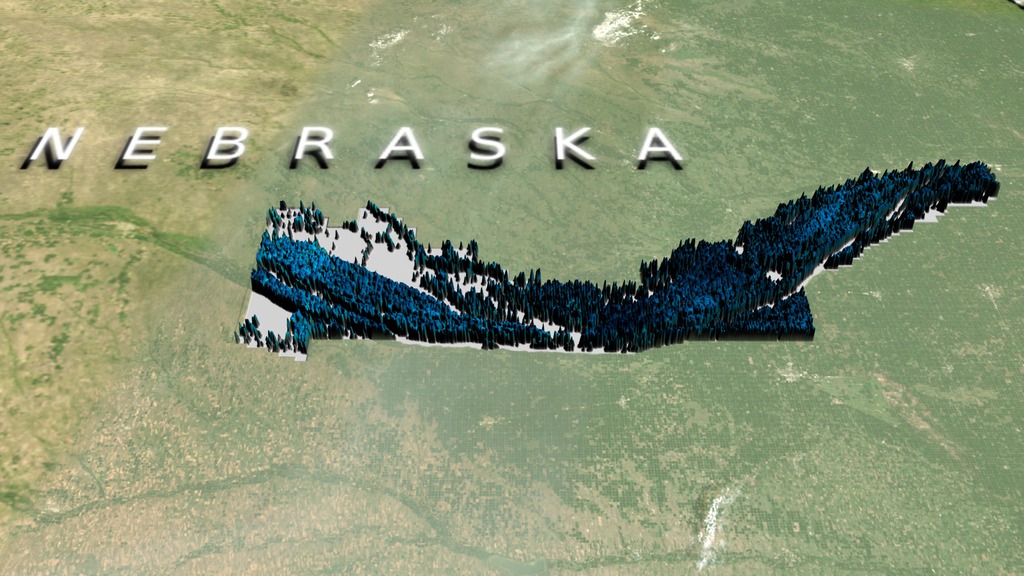 Animation begins with a wide view of the entire United States and then zooms down to an area in Nebraska where water usage studies have been done using Landsat-8 satellite data. The camera slowly pans across the area first showing true color Landsat-8 data, then transitioning to temperature data (in shades of orange and violet), then to ETRF (shades of green), ending with an extrusion of water use data (shades of blue) where the camera pulls back to show the entire area of interest.