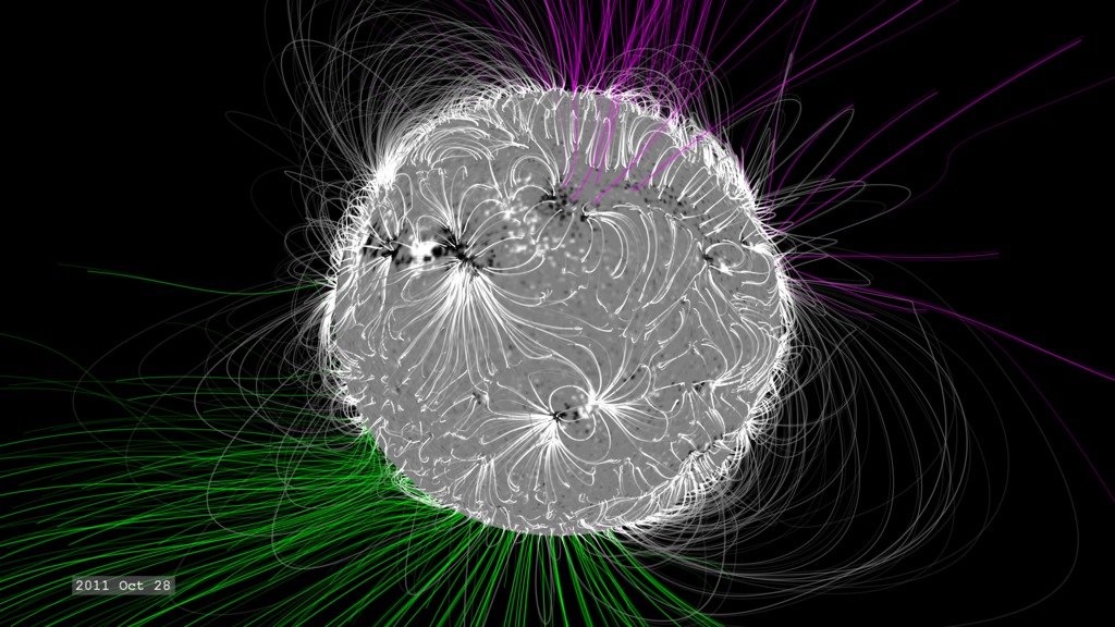 High-resolution still image of the solar magnetic field via PFSS - October 28, 2011.