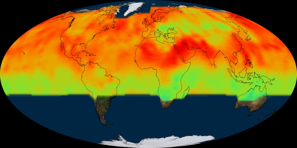 Mollweide projected animation of CO2 data from the OCO-2 mission. Data spans from September 2014 to August 2015. As the data cycles through the year, you can see an increase CO2 concentrations across the northern hemisphere going from winter to spring. Then in the summer, as vegetation reaches it's peak, there is a noticeable decline in CO2 concentration throughout the entire northern hemisphere.
