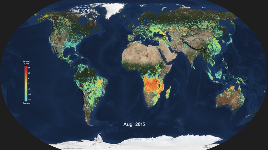 The final animation of the monthly burned area percent shown in the Robinson projection with a colorbar and date overlay