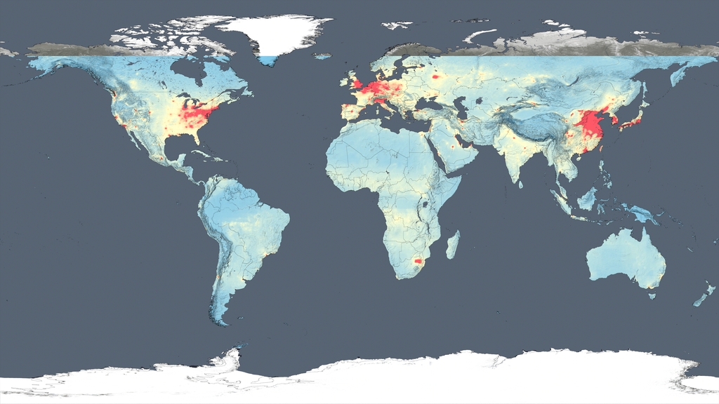 This global map shows the concentration of nitrogen dioxide in the atmosphere as detected by the Ozone Monitoring Instrument aboard the Aura satellite, averaged over 2005.