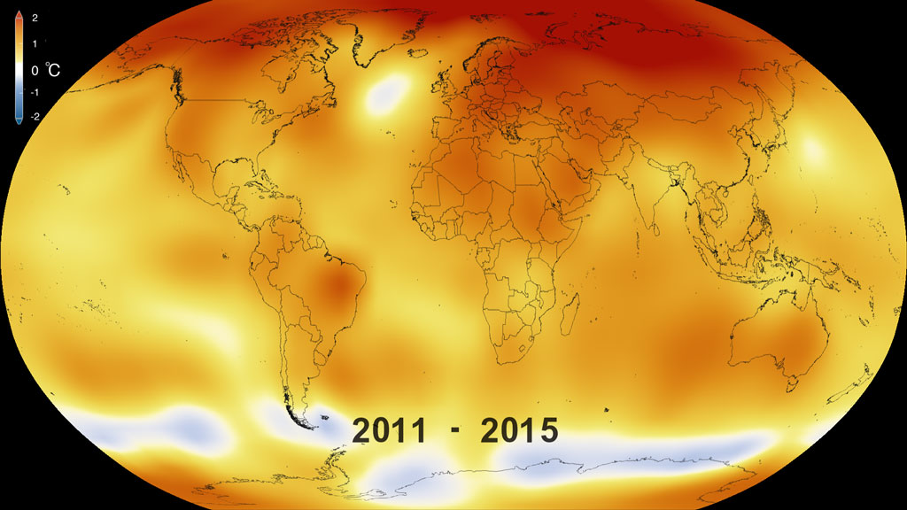This color-coded map in Robinson projection displays a progression of changing global surface temperature anomalies from 1880 through 2015. Higher than normal temperatures are shown in red and lower then normal termperatures are shown in blue. The final frame represents the global temperatures 5-year averaged from 2011 through 2015.  Scale in degree Celsius.This video is also available on our YouTube channel.