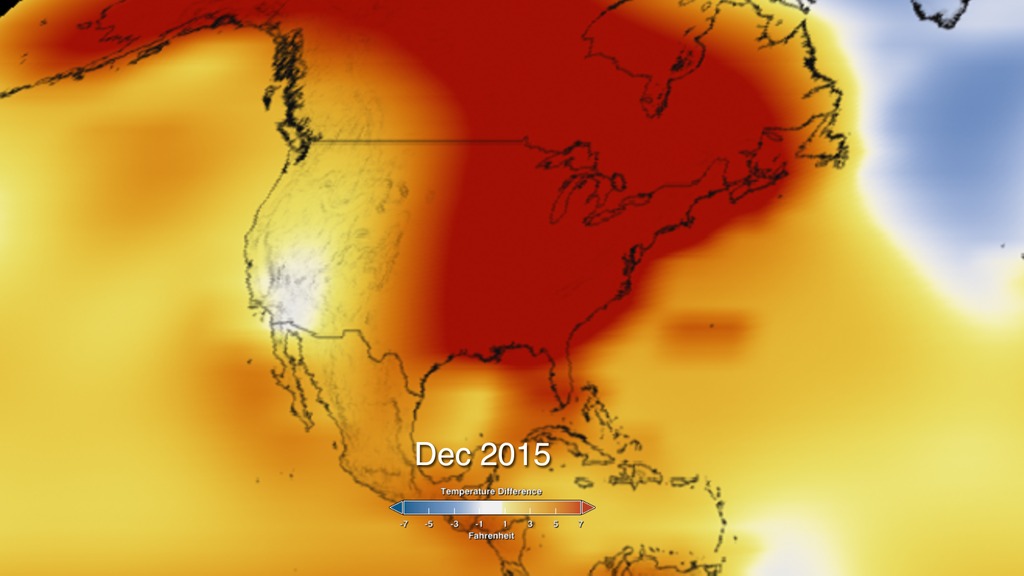Global temperature data for December 2015, in degrees Fahrenheit, starting with North America and pulling back to reveal the whole world.  The December 2015 temperatures are compared to a baseline of the 1951-1980 average temperature. Higher than normal temperatures are shown in red and lower then normal termperatures are shown in blue.