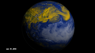 These visuals were created in anticipation of the 2016 Korean United States Air Quality study (KORUS-AQ) field campaign which will combine observations from aircraft, satellties, ships and ground stations with air quality models to assess and monitor air quality acorss urban, rural and coastal areas.

Ozone gas and particle pollution are two of the main factors that contribute to poor air quality around the world.  

While ozone gas located high in the stratosphere protects us from the sun’s harmful UV rays, pollution from cars and other human emissions near ground level can cause chemical reactions that lead to ozone formation near the surface. Breathing in high levels of ozone is also bad for human health, causing lung diseases and health impacts on sensitive populations such as children, the elderly and people with asthma. 

These visuals are showing the ozone that formed near the surface, or 'surface ozone', over the Korean peninsula in June 2013 according to the GEOS-5 Nature Run chemistry model data.  Peak ozone in Korea occurs between April and June.

Since Seoul is located on a peninsula, the metropolitan area and the pollution produced here are separated from other sources of emissions. In addition, Seoul’s human-produced emissions are concentrated in its urban areas but are surrounded by more rural agricultural areas. The contrast between urban and rural zones on the peninsula allow scientists to study and differentiate human and naturally-produced emissions and better understand how they interact chemically.  Understanding the chemical reactions between urban and agricultural emissions is extremely important for improving models that forecast air quality.