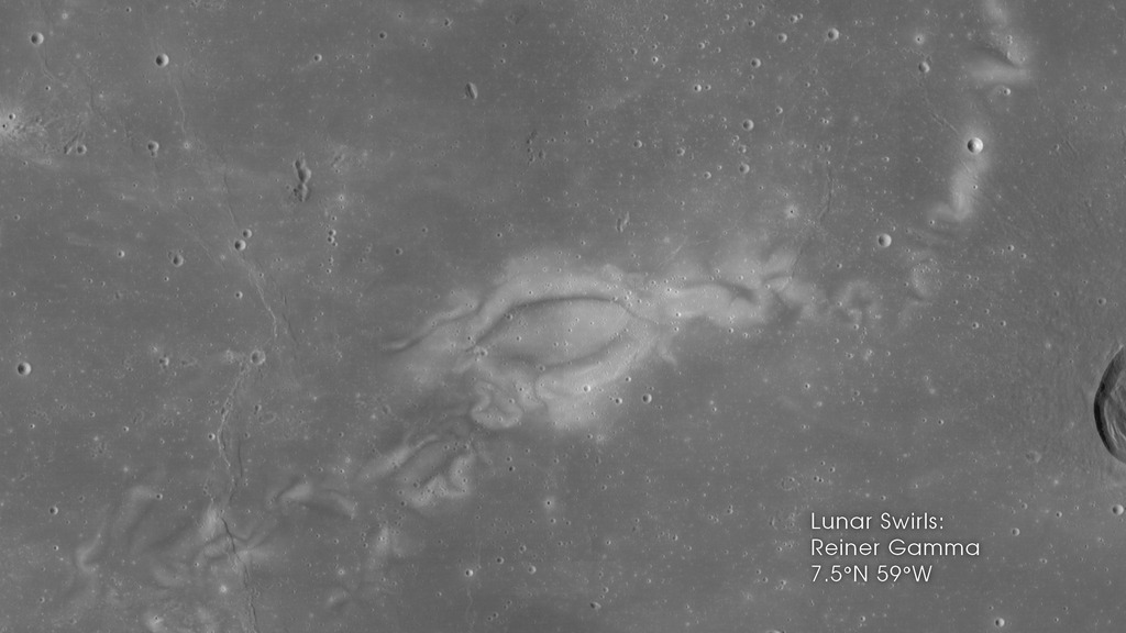 Beginning with a full-globe view of the lunar near side, the camera flies to a close-up, increasingly oblique view of the lunar swirl called Reiner Gamma.