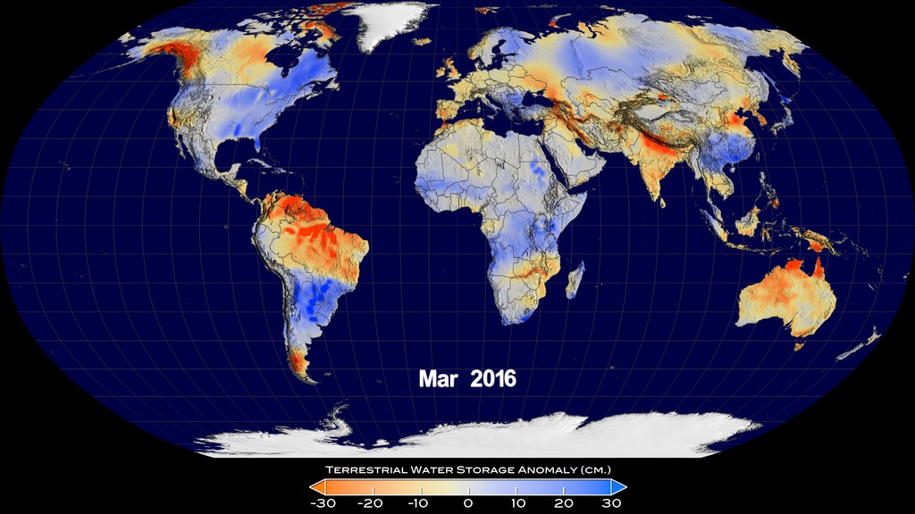 Animation showing Terrestrial Water Storage Anomaly (TWSA) data from March 2015 to March 2016. Shades of orange indicate areas with less ground water than normal and shades of blue are areas with more ground water than normal, which correlates to droughts and floods in these various regions.