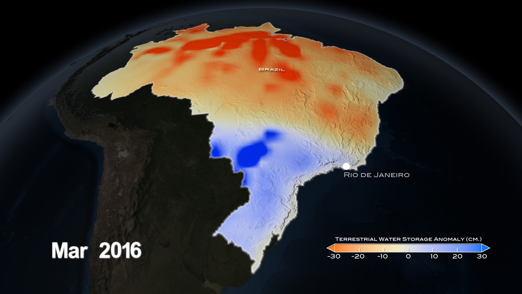 Example animation showing significant ground water storage loss in the northern half of Brazil. This animation starts with a global view of the Americas, then zooms into the country of Brazil. Finally, monthly GRACE water storage anomaly data from March 2015 to March 2016 are shown.