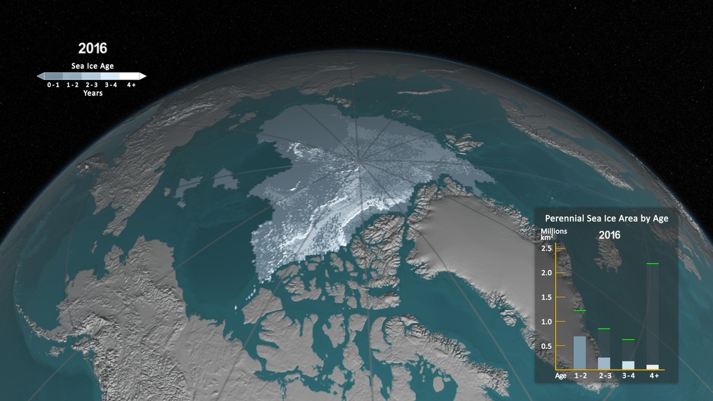 Preview Image for Yearly Arctic Sea Ice Age with Graph of Ice Age by Area: 1984 - 2016