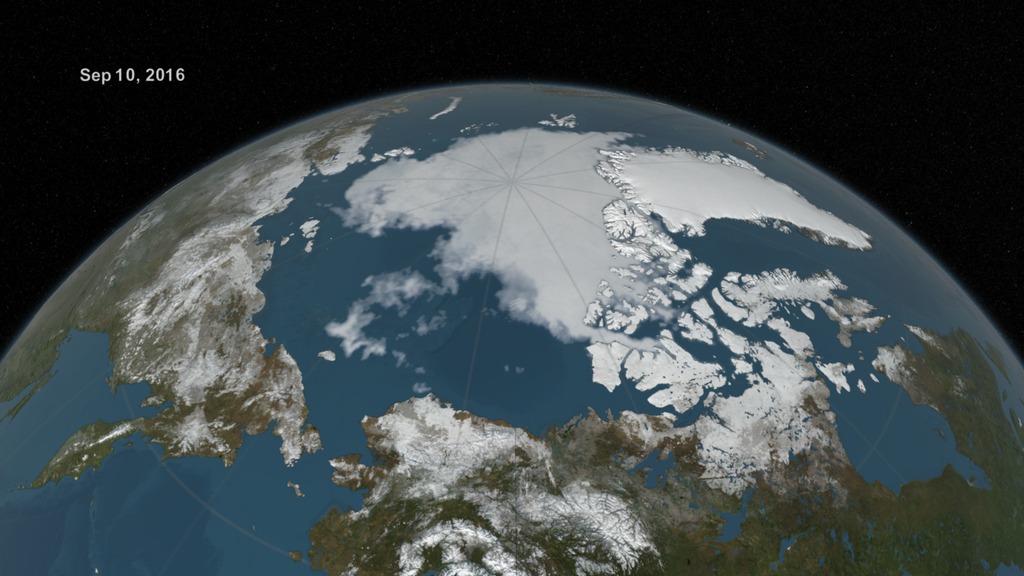 In this animation, the Earth rotates slowly as the Arctic sea ice advances over time from March 24, 2016 to September 10, 2016, when the sea ice reached its annual minimum extent.  The 2016 Arctic minimum sea ice extent is the second lowest minimum extent on the satellite record.