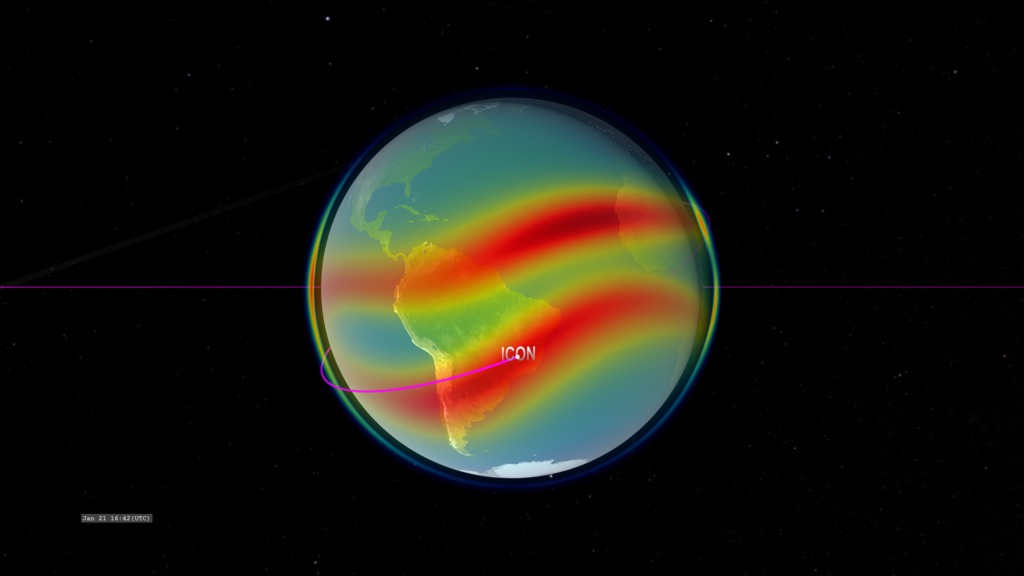 Closeup view of Earth from the perspective of the GOLD instrument.   This version interpolates the IRI model to a higher time cadence for a smoother animation.
