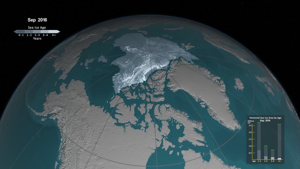 Preview Image for Weekly Animation of Arctic Sea Ice Age with Graph of Ice Age By Area: 1984 - 2016