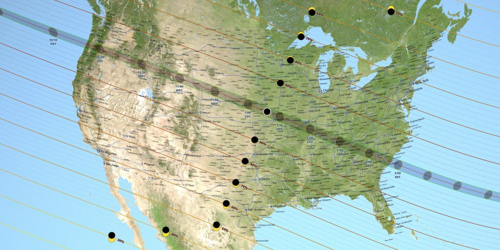 A map of the United States showing the path of totality for the August 21, 2017 total solar eclipse. This is version 2 of the map, available at both 5400 &times; 2700 and 10,800 &times; 5400.